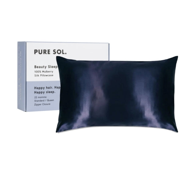 PURE SOL. Beauty Sleep Happy 100% Mulberry Silk Pillow Case - Navy
